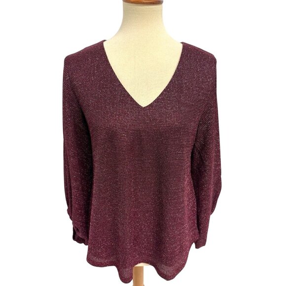 Maurices women's top bishop sleeve V neck burgundy glitters metallic size M - Picture 1 of 12